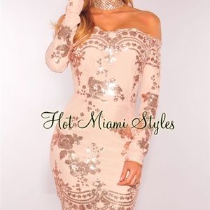Rose Gold Floral Sequins Off Shoulder Dress